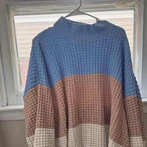 Pink Rose Colorblock Turtleneck Sweater - Blue, Brown, Cream
